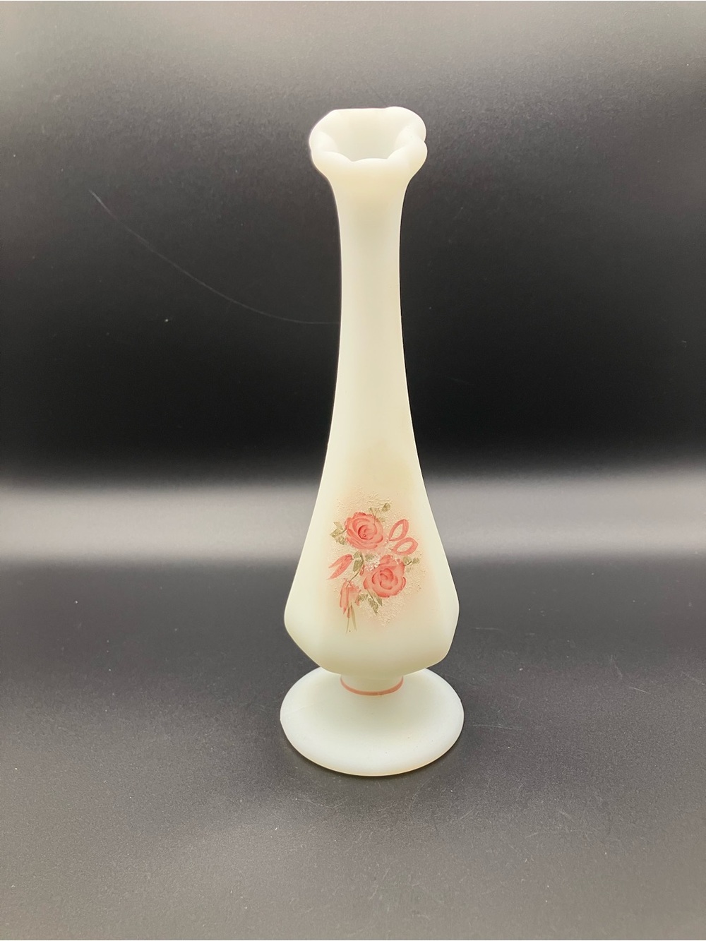 Fenton Custard Glass Bud Vase with Pink Hand Painted Rose Motif